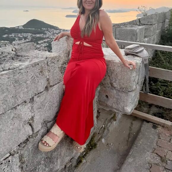 Zac Posen Red Cutout Waist Maxi Dress Size 10 Jersey Ruched Gown Designer $550 - Picture 3 of 11